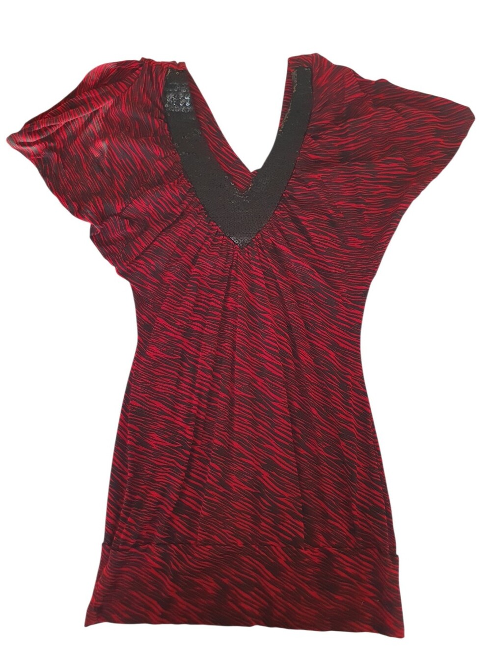 Rue 21 Women's Red Black Zebra Print Shimmering Sequined Neckline Stretch Sz. M